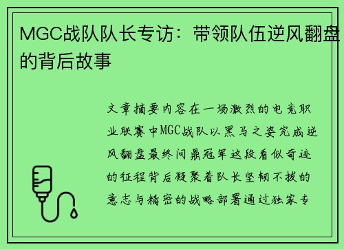 MGC战队队长专访：带领队伍逆风翻盘的背后故事