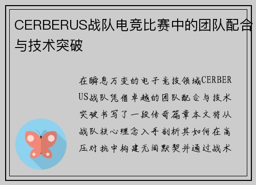 CERBERUS战队电竞比赛中的团队配合与技术突破
